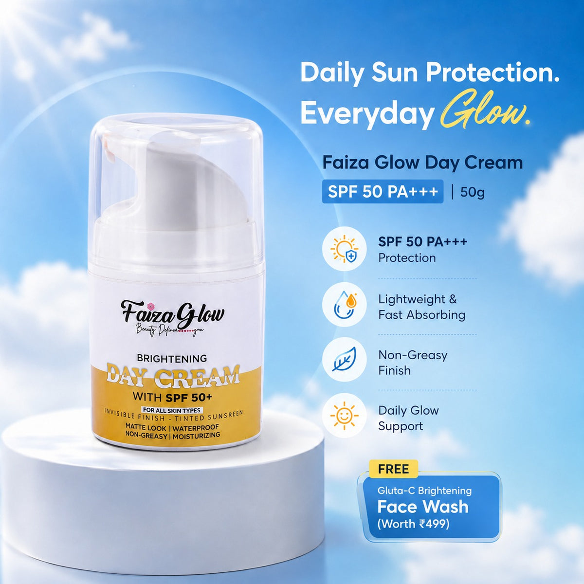Faiza Glow Day Cream SPF 50++  (50g) – Lightweight Sun Protection & Daily Glow Support