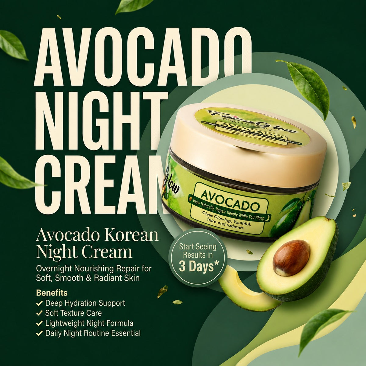Avocado Korean Night Cream Skin Brightening and Whitening | Results in 3 Days (50 gms)