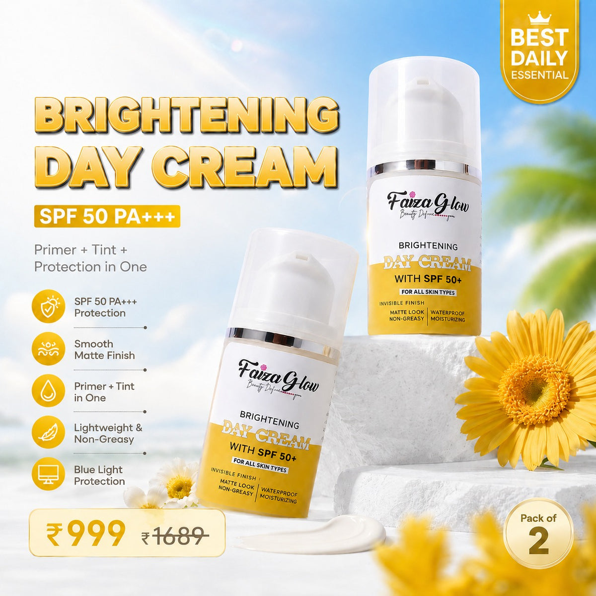 Silk Primer & Mousse Tinted Sunscreen SPF 50 PA+++ (Pack of 2) (30g Each) – Blue Light Protection | Faiza Glow